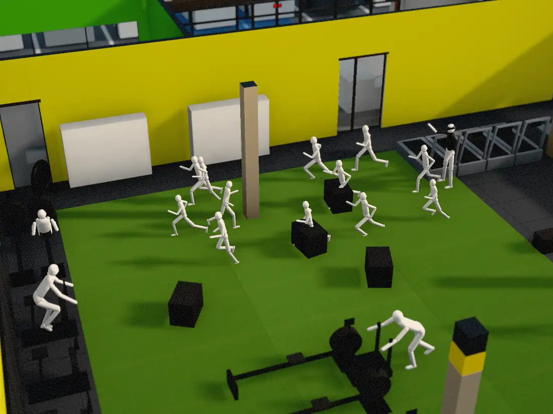 The model of the turf hall: a class of younger athletes in lanes on the turf, their coach at the end.