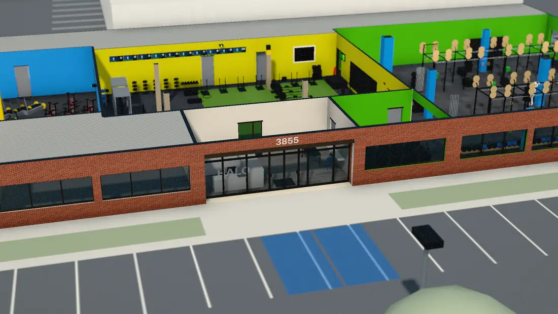 The model of Halo Chantilly from the front lot: the brick front with its ribbon windows and the big 3855 over the storefront.
